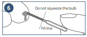 Place the capillary dropper in contact with the blood without squeezing the bulb. Let the blood flow into the dropper until it reaches the indicated line. Massage your finger if more blood is needed to reach the line.